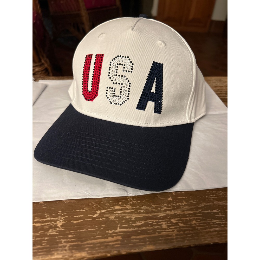 Joyward USA Rhinestone Baseball Cap White Patriotic Cotton Hat NWT Adjustable